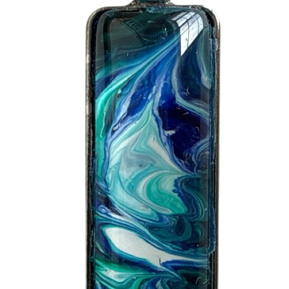 Handmade Blue Teal Fluid Art Bar Pendant Necklace Long Rectangle Minimalist - Picture 5 of 10